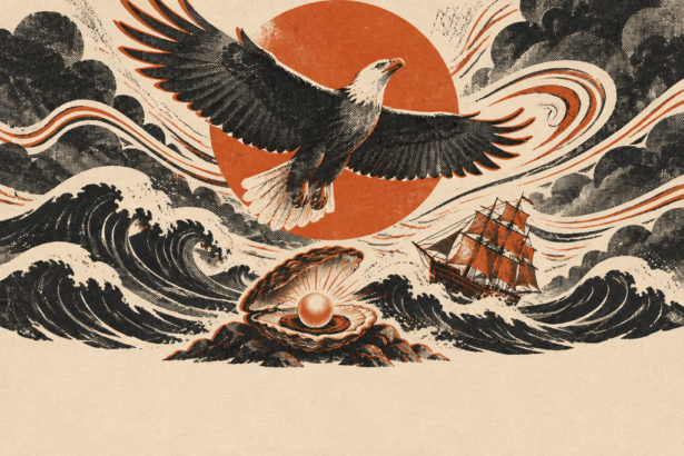 Illustration : un grand aigle qui s'élève face à la tempête devant un grand soleil rouge, au-dessus de vagues déchaînées, avec un navire et une huître qui contient une perle