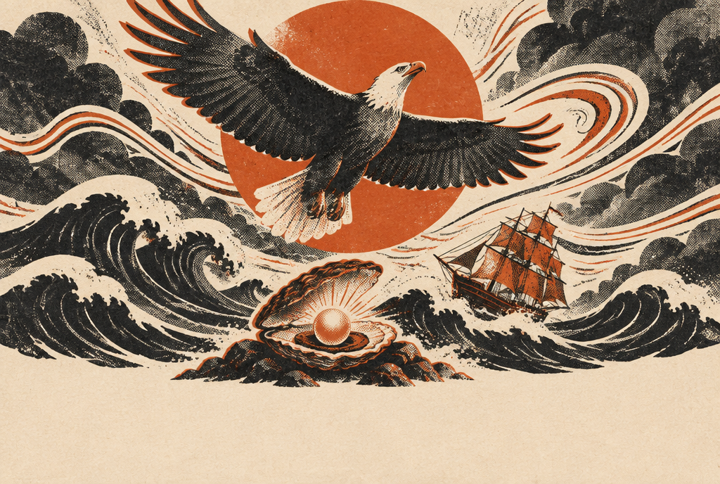 Illustration : un grand aigle qui s'élève face à la tempête devant un grand soleil rouge, au-dessus de vagues déchaînées, avec un navire et une huître qui contient une perle