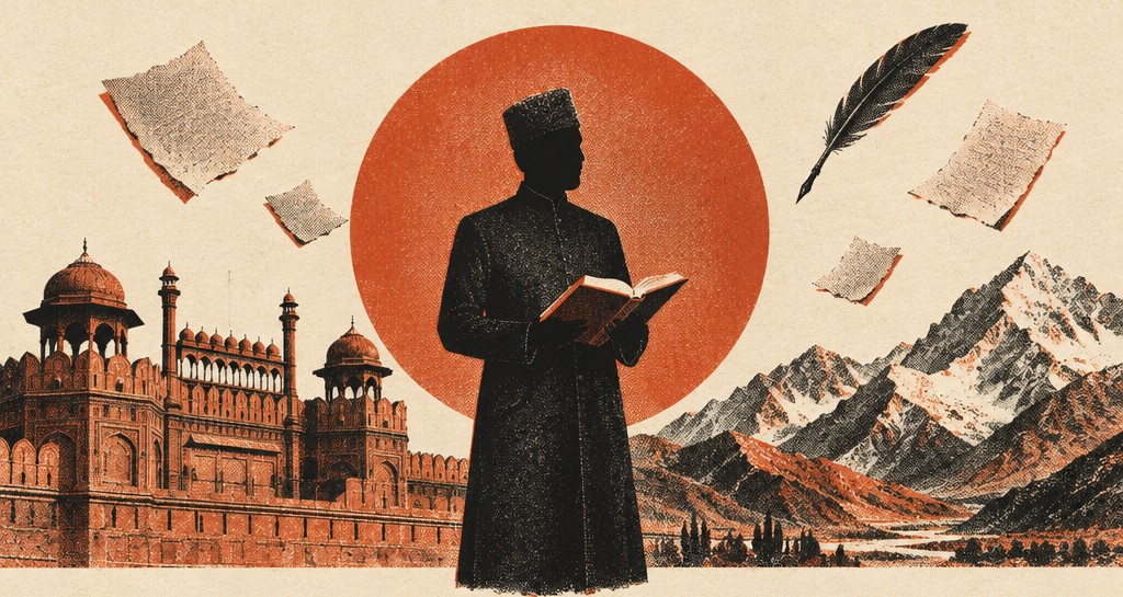 Illustration d'Allama Iqbal tenant un livre, devant le fort de Lahore et les montagnes, style gravure orange et noir