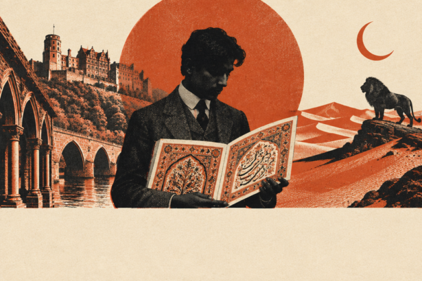 Illustration : un jeune étudiant en costume lisant un manuscrit persan enluminé, devant le pont et le château de Heidelberg à gauche, et un lion dans le désert sous un croissant de lune à droite