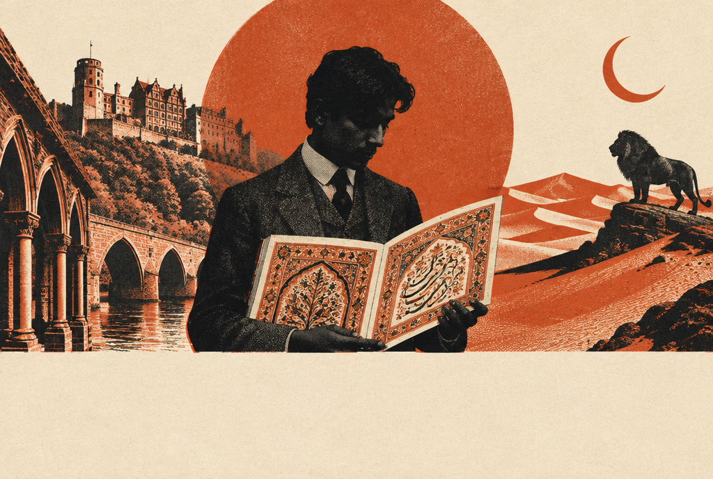 Illustration : un jeune étudiant en costume lisant un manuscrit persan enluminé, devant le pont et le château de Heidelberg à gauche, et un lion dans le désert sous un croissant de lune à droite