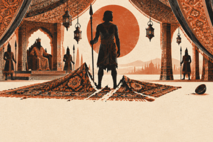Illustration : un guerrier sobrement vêtu, debout et calme, devant un tapis de soie déchiré dans une tente royale persane, avec un souverain sur son trône en arrière-plan et un grand soleil rouge
