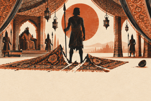 Illustration : un guerrier sobrement vêtu, debout et calme, devant un tapis de soie déchiré dans une tente royale persane, avec un souverain sur son trône en arrière-plan et un grand soleil rouge
