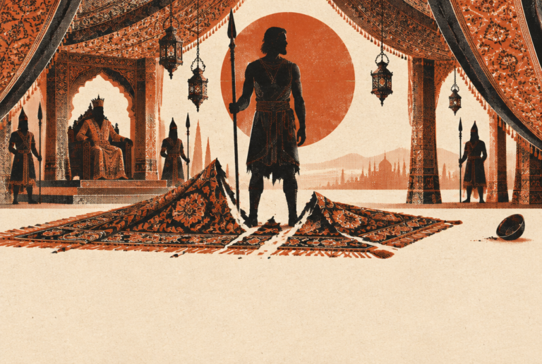 Illustration : un guerrier sobrement vêtu, debout et calme, devant un tapis de soie déchiré dans une tente royale persane, avec un souverain sur son trône en arrière-plan et un grand soleil rouge