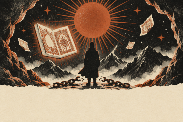 Illustration : une silhouette de dos à l'entrée d'une grotte, face à un grand soleil rayonnant, avec des chaînes brisées à ses pieds et un manuscrit persan lumineux qui flotte dans le ciel