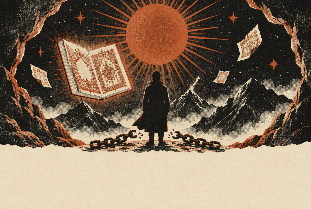 Illustration : une silhouette de dos à l'entrée d'une grotte, face à un grand soleil rayonnant, avec des chaînes brisées à ses pieds et un manuscrit persan lumineux qui flotte dans le ciel