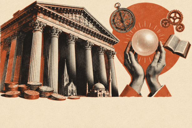 Illustration : une banque monumentale à colonnes écrasant une petite église et une petite mosquée, et deux mains tenant une perle lumineuse entourée d'un astrolabe, d'engrenages et d'un livre