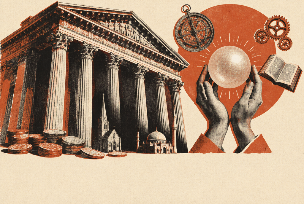 Illustration : une banque monumentale à colonnes écrasant une petite église et une petite mosquée, et deux mains tenant une perle lumineuse entourée d'un astrolabe, d'engrenages et d'un livre