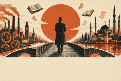 Illustration : un penseur de dos sur un pont, entre une ville industrielle à gauche et une mosquée à droite, devant un grand soleil rouge