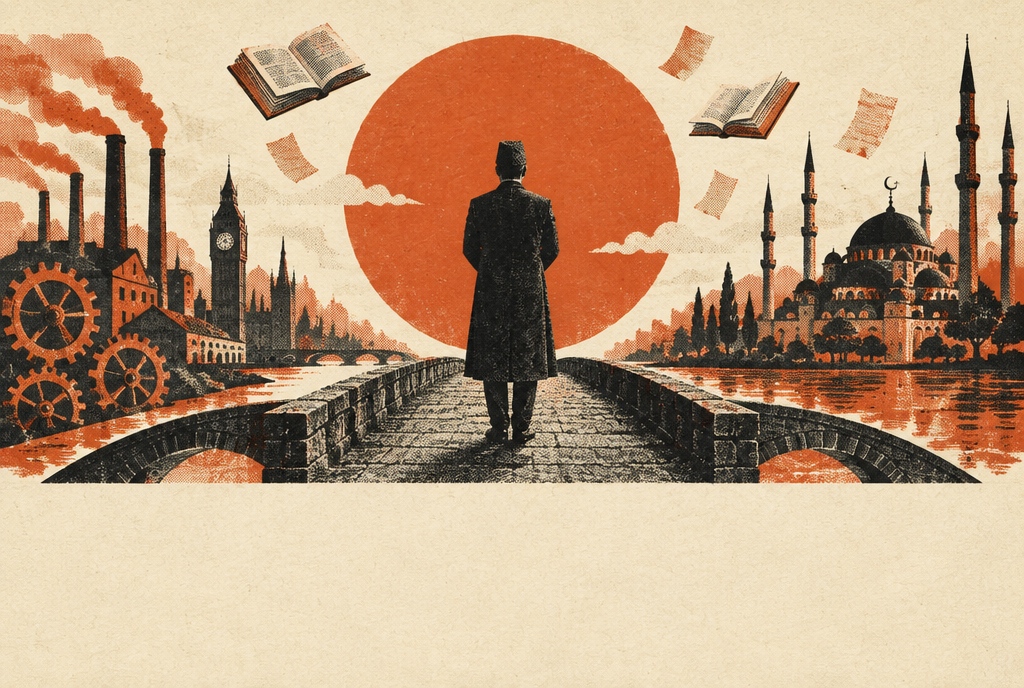 Illustration : un penseur de dos sur un pont, entre une ville industrielle à gauche et une mosquée à droite, devant un grand soleil rouge