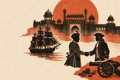 Illustration : poignée de main entre un nawab et un officier européen devant un fort moghol, navire de la Compagnie des Indes orientales et canon au premier plan