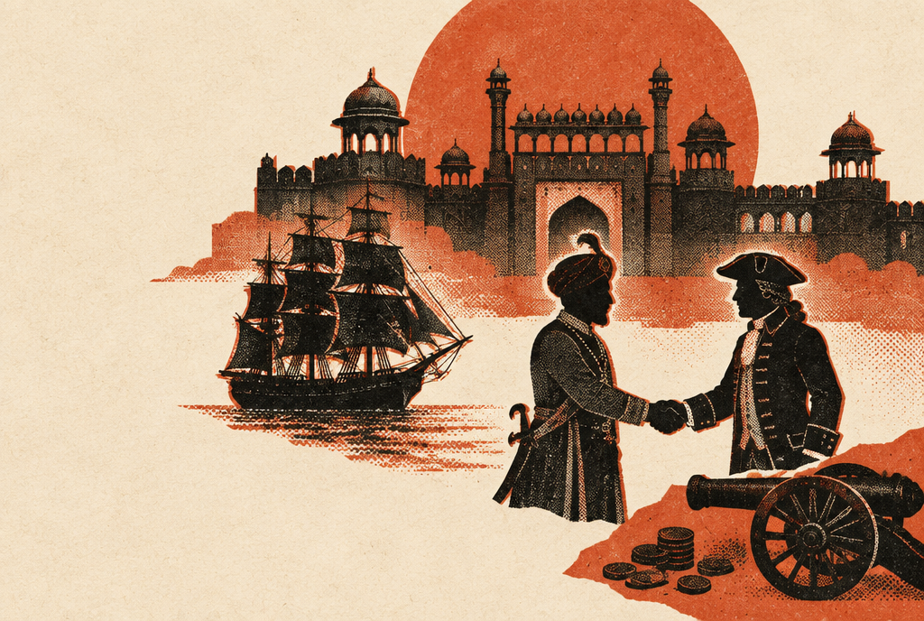 Illustration : poignée de main entre un nawab et un officier européen devant un fort moghol, navire de la Compagnie des Indes orientales et canon au premier plan