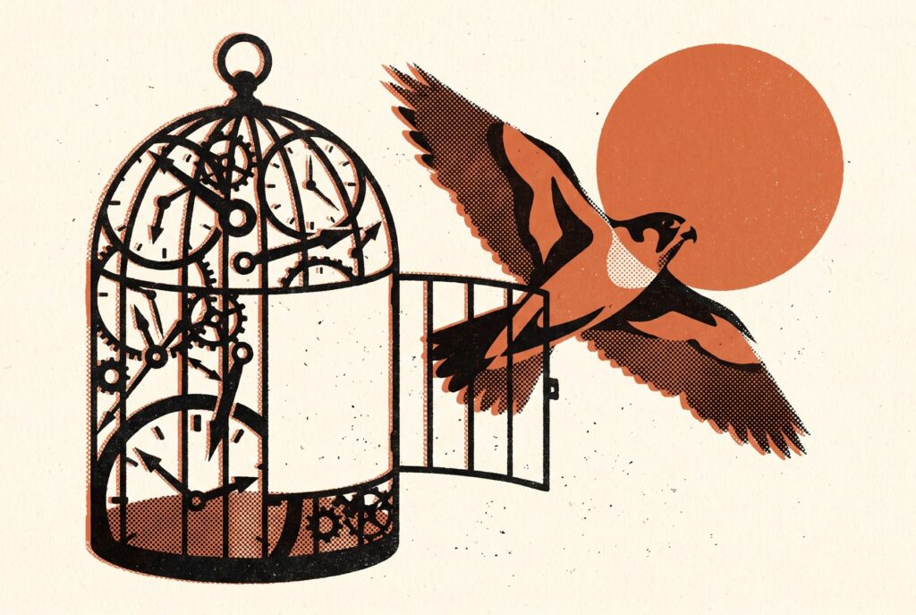 Illustration risographie : un faucon s'échappe d'une cage ouverte faite d'horloges, vers un grand soleil terracotta