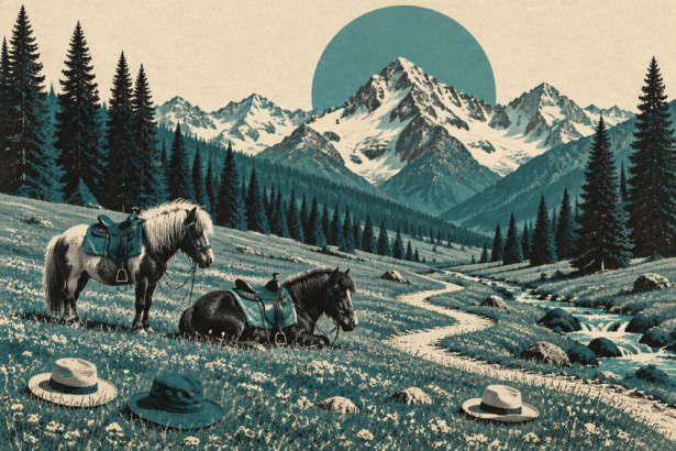 Illustration : une prairie d'altitude du Cachemire avec forêts de pins, sommets enneigés, deux poneys au repos et des chapeaux de touristes abandonnés sur l'herbe, sous un grand soleil bleu-vert