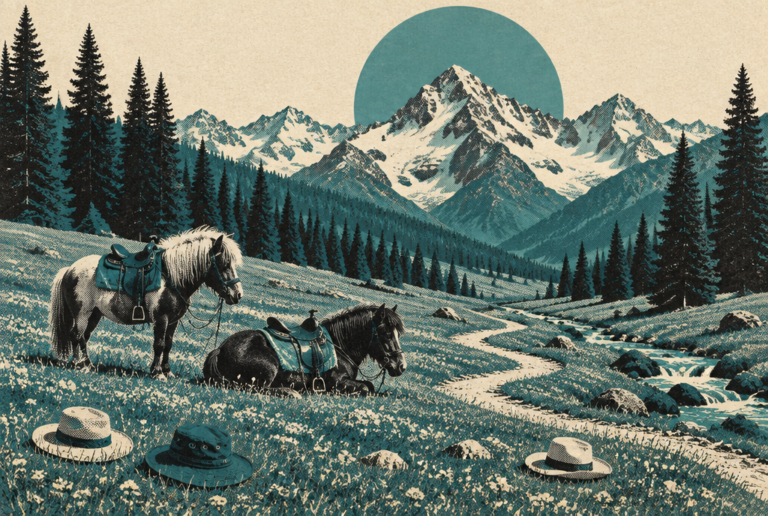 Illustration : une prairie d'altitude du Cachemire avec forêts de pins, sommets enneigés, deux poneys au repos et des chapeaux de touristes abandonnés sur l'herbe, sous un grand soleil bleu-vert